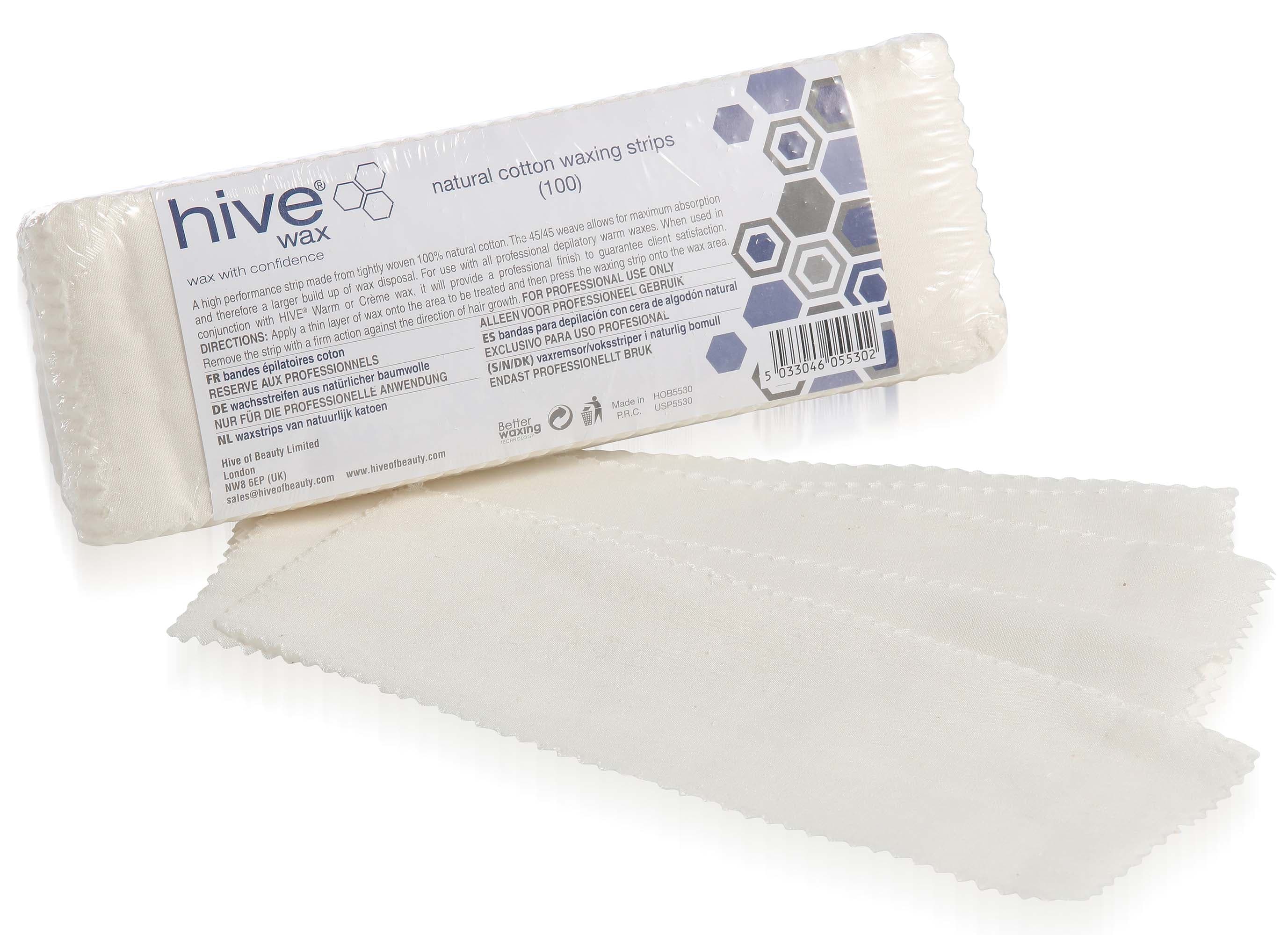 HIVE - WAXING REMOVAL STRIPS - Natural Cotton Waxing Strips - 21.5cm x 7.5cm - 100 Pk