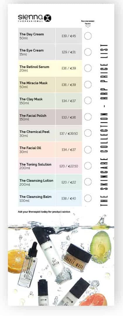 SIENNA X - SKINCARE MARKETING - Bookmark Pricelist - Retail
