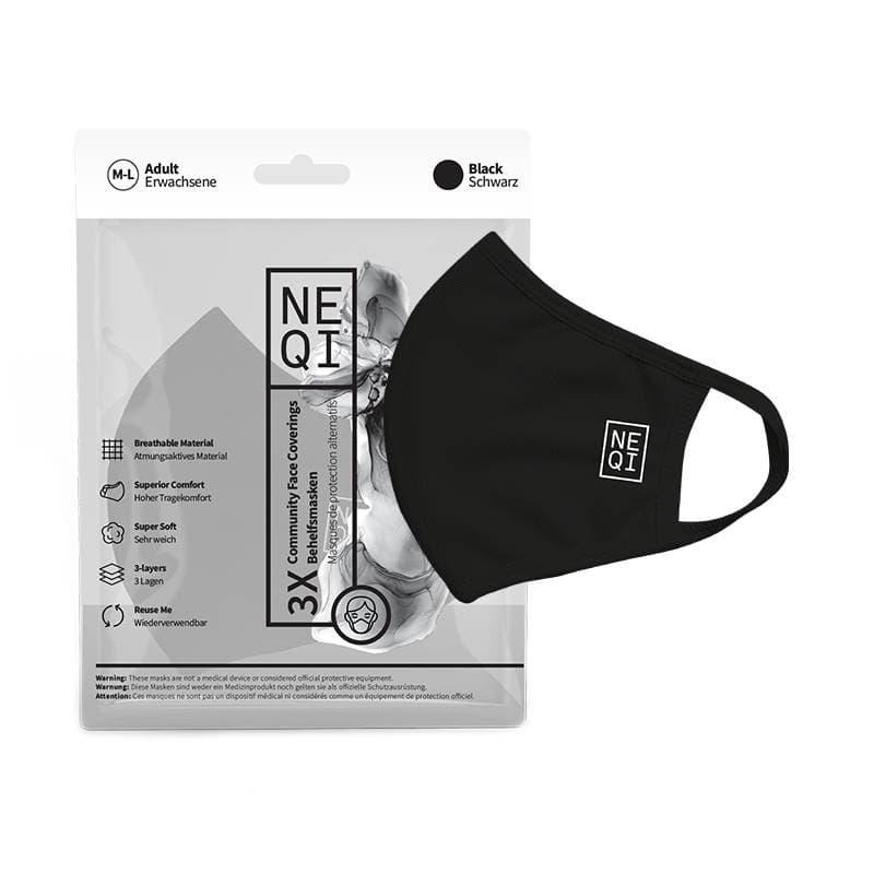 NEQI Face Coverings - Black Medium/Large 3pk